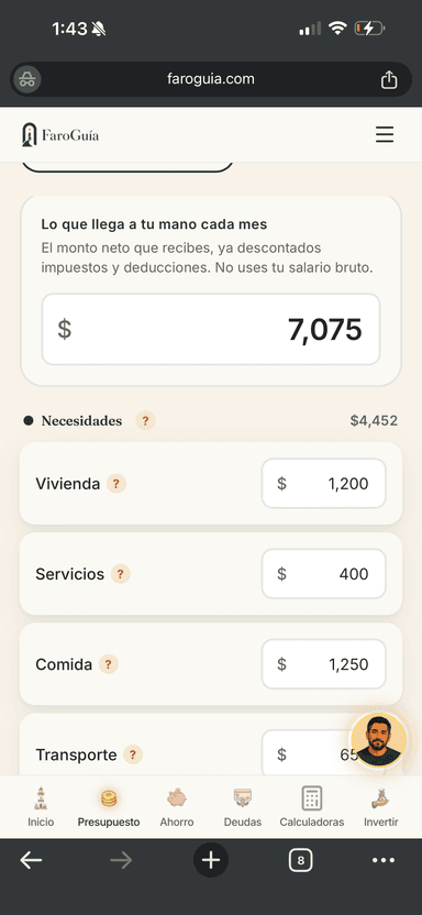 Pantalla de presupuesto