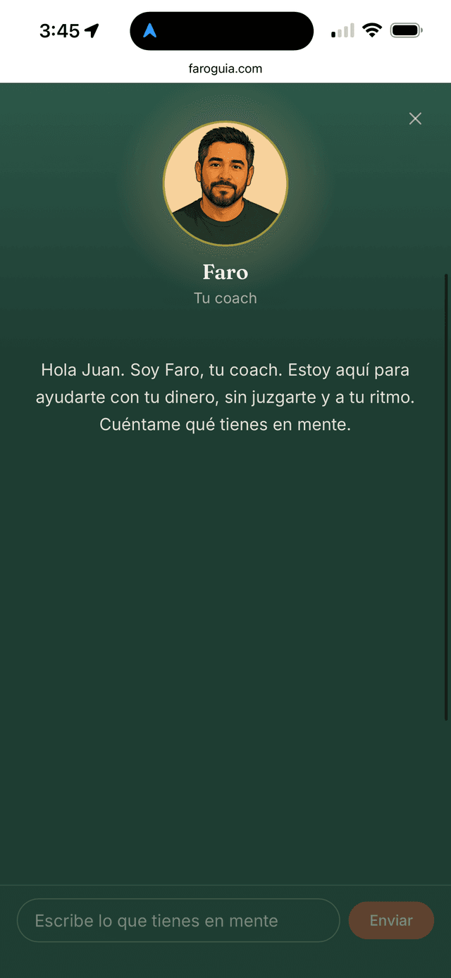 Faro Coach saludando a Juan por su nombre en pantalla completa
