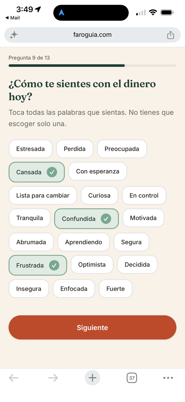 Pregunta sobre cómo te sientes con el dinero