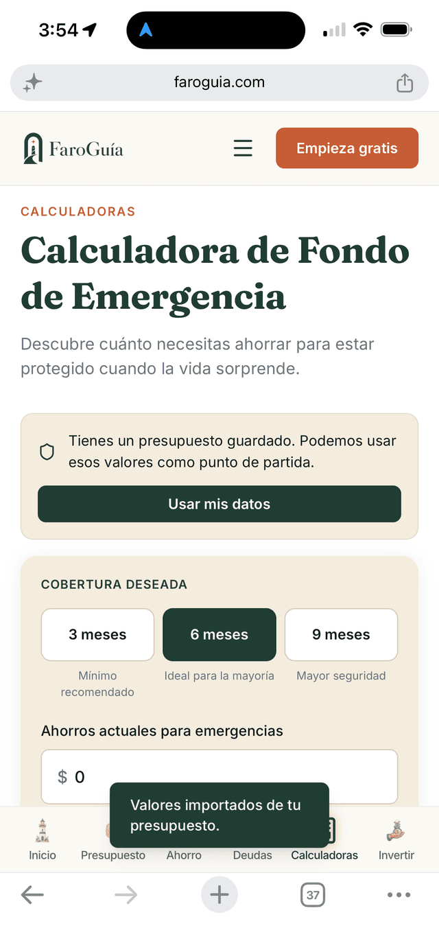 Calculadora de fondo de emergencia con datos importados del presupuesto