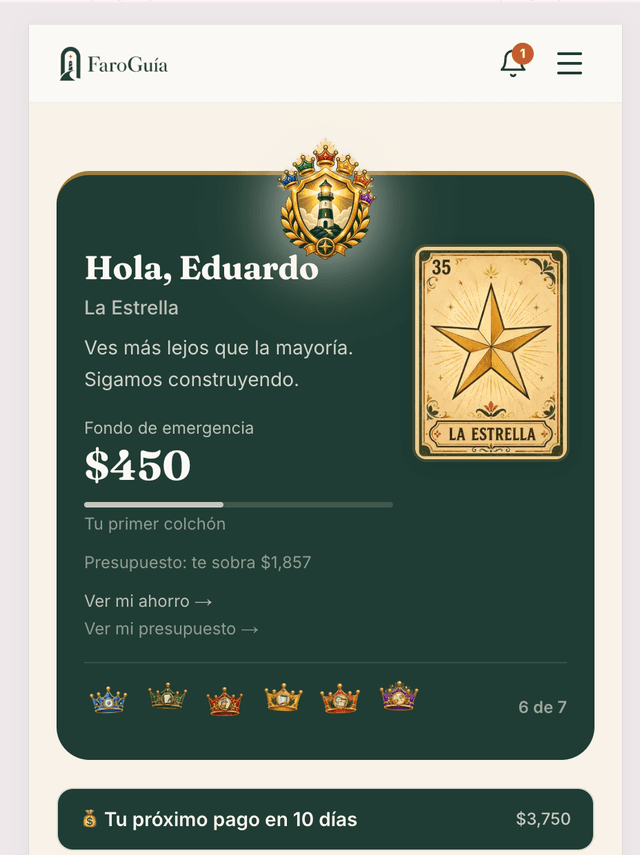 Crown award displayed on the FaroGuía user dashboard